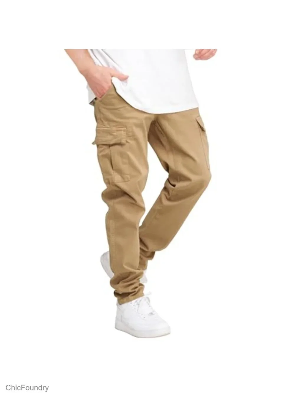 Men's Cargo Pants Cotton Drawstring Elastic Waist Joggers 6 Pockets